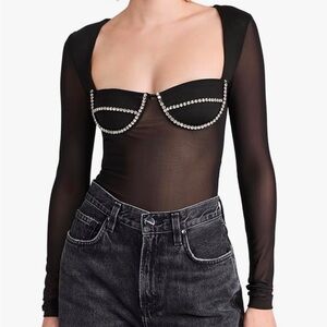 Bardot Black Long Sleeve Embellished Bodysuit with Bustier Design